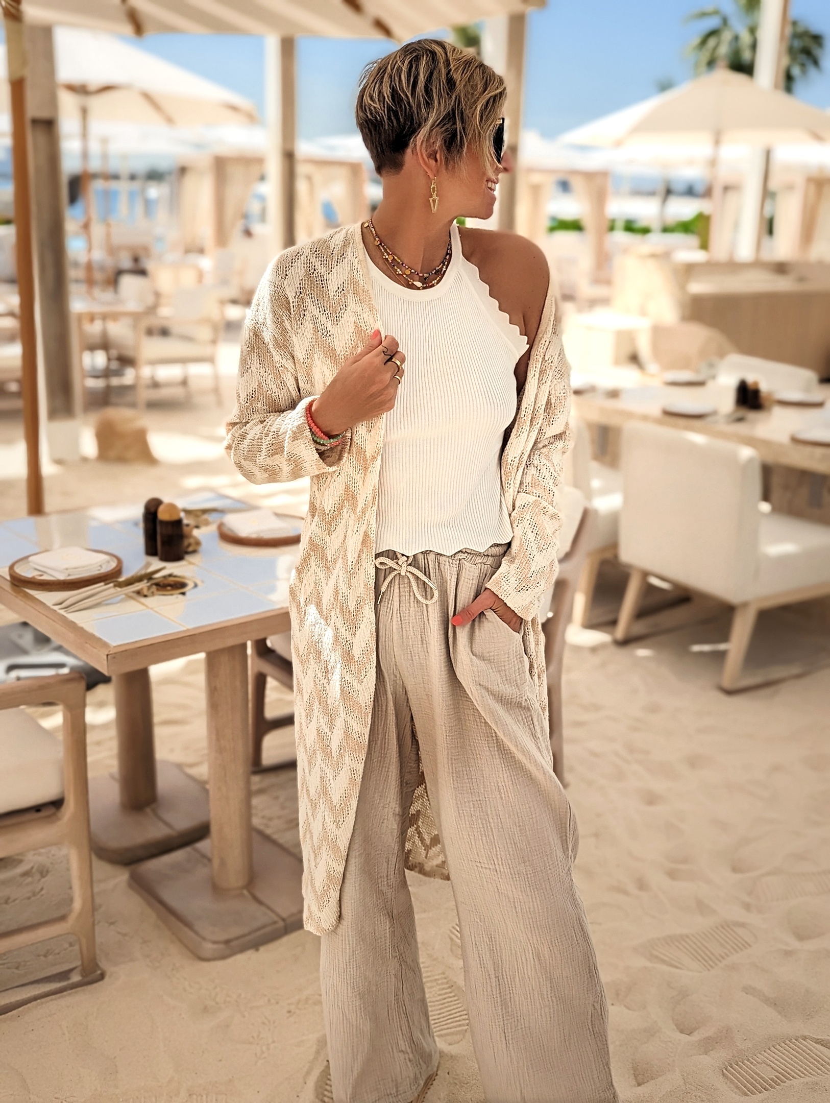 langer Boho Cardigan – BEACH SIDE – weiß-beige