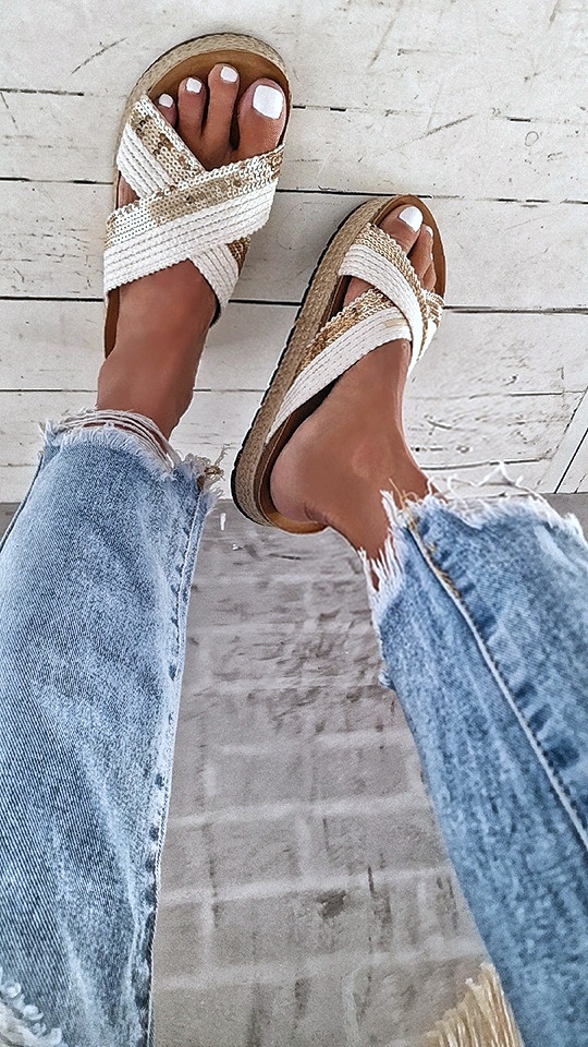 Plateaupantolette – BEACH GLITTER -white