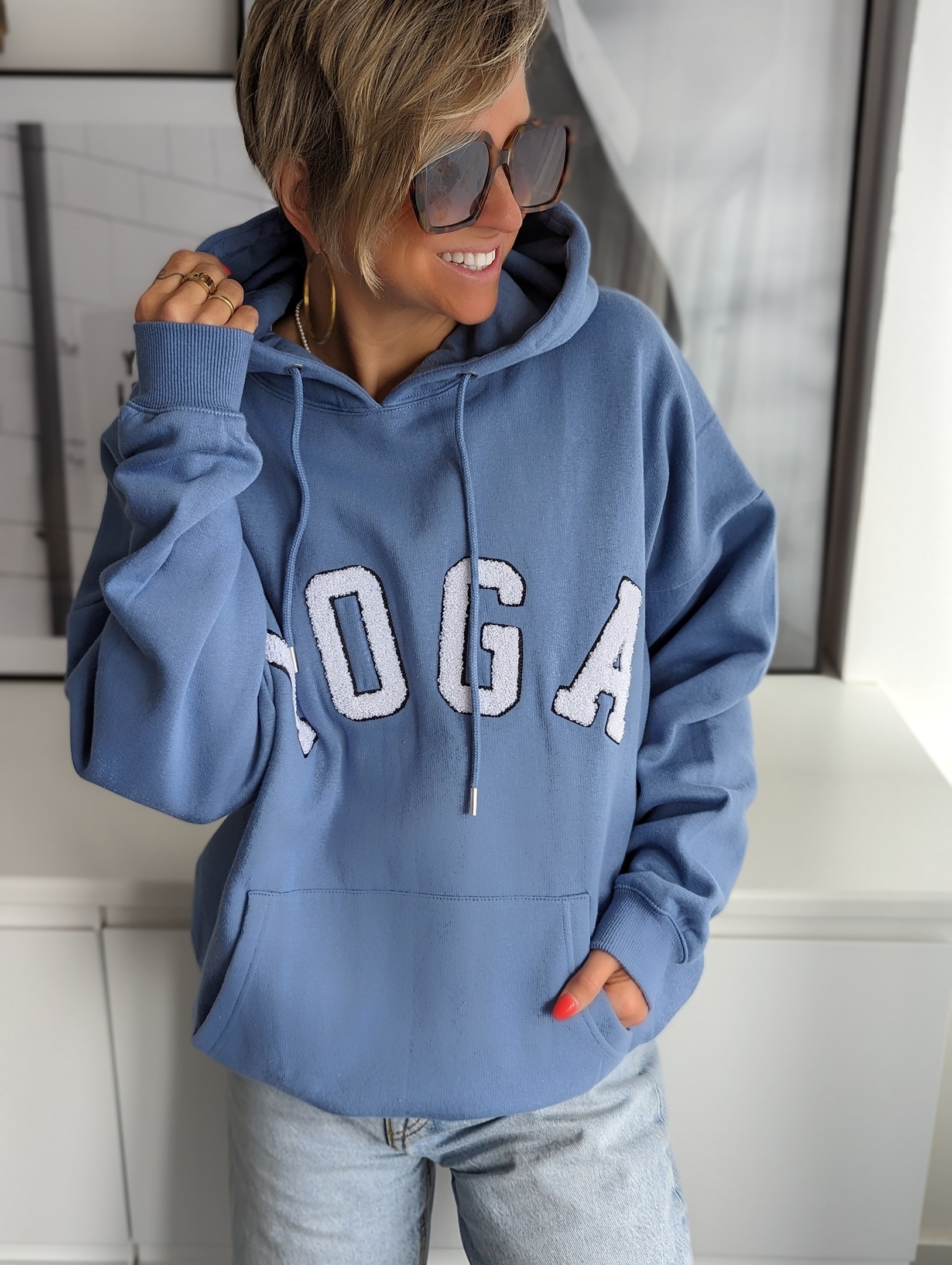 HOODIE  – YOGA geflockt – blau