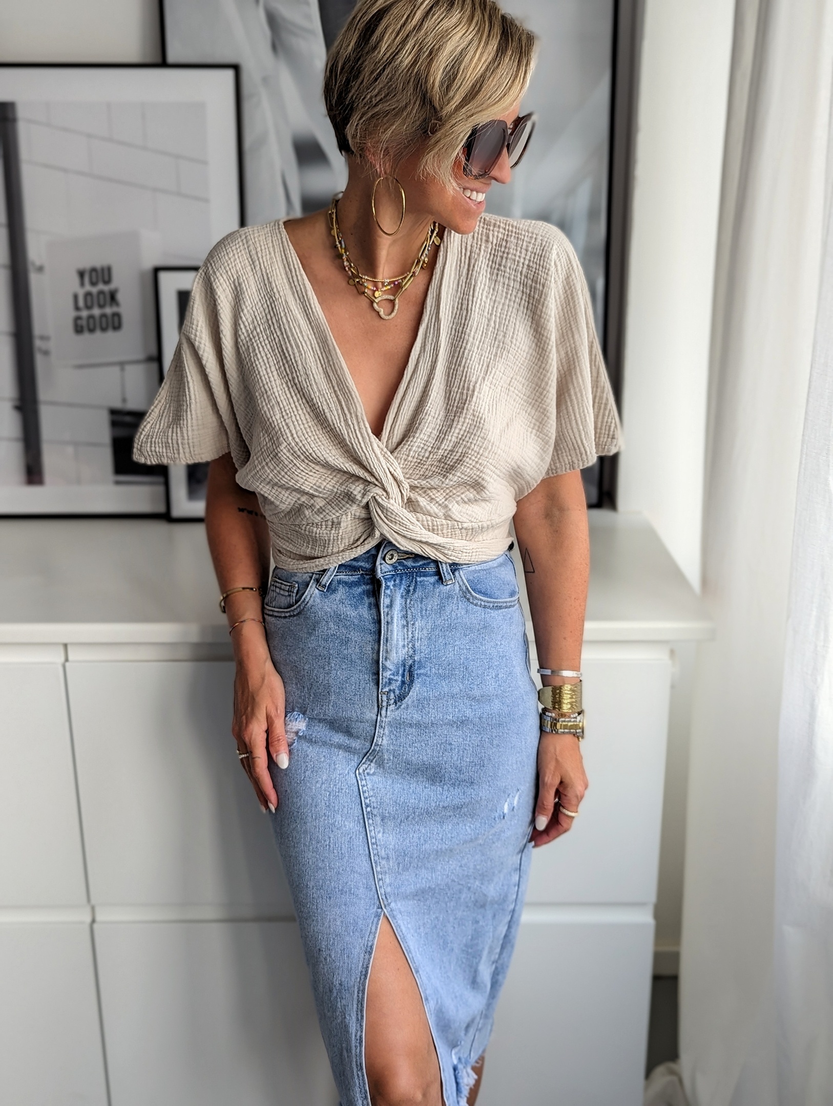 Midi Jeansrock CUT AND GO   – light blue destroyed