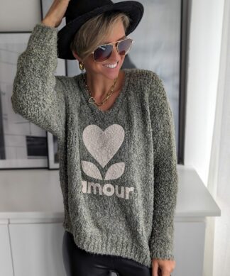 Strickpullover mit V-Ausschnitt AMOUR geflockt